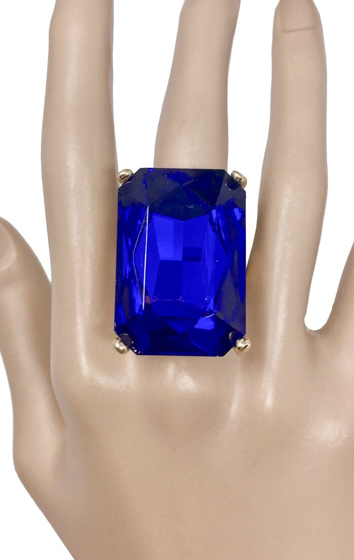 Octagon/Rectangular Royal Blue Crystal Adjustable Stretchable Solitaire Ring