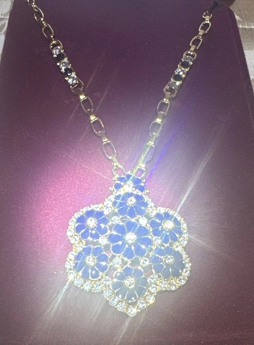 Camrose And Kross Dark Blue Enamel and Saphire Crystal Necklace New In Box Wow!