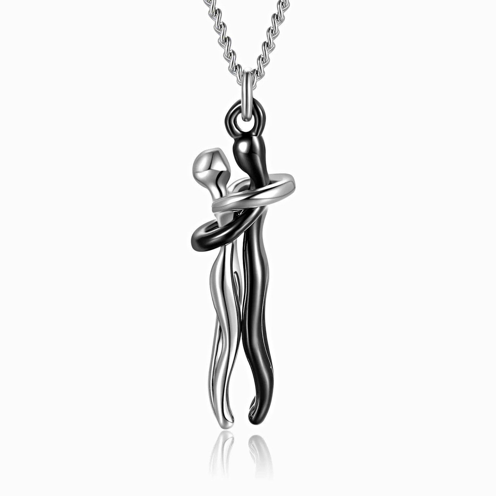 Couple Hugging Pendant Necklace with Silver Chain and Gold Hug Ring