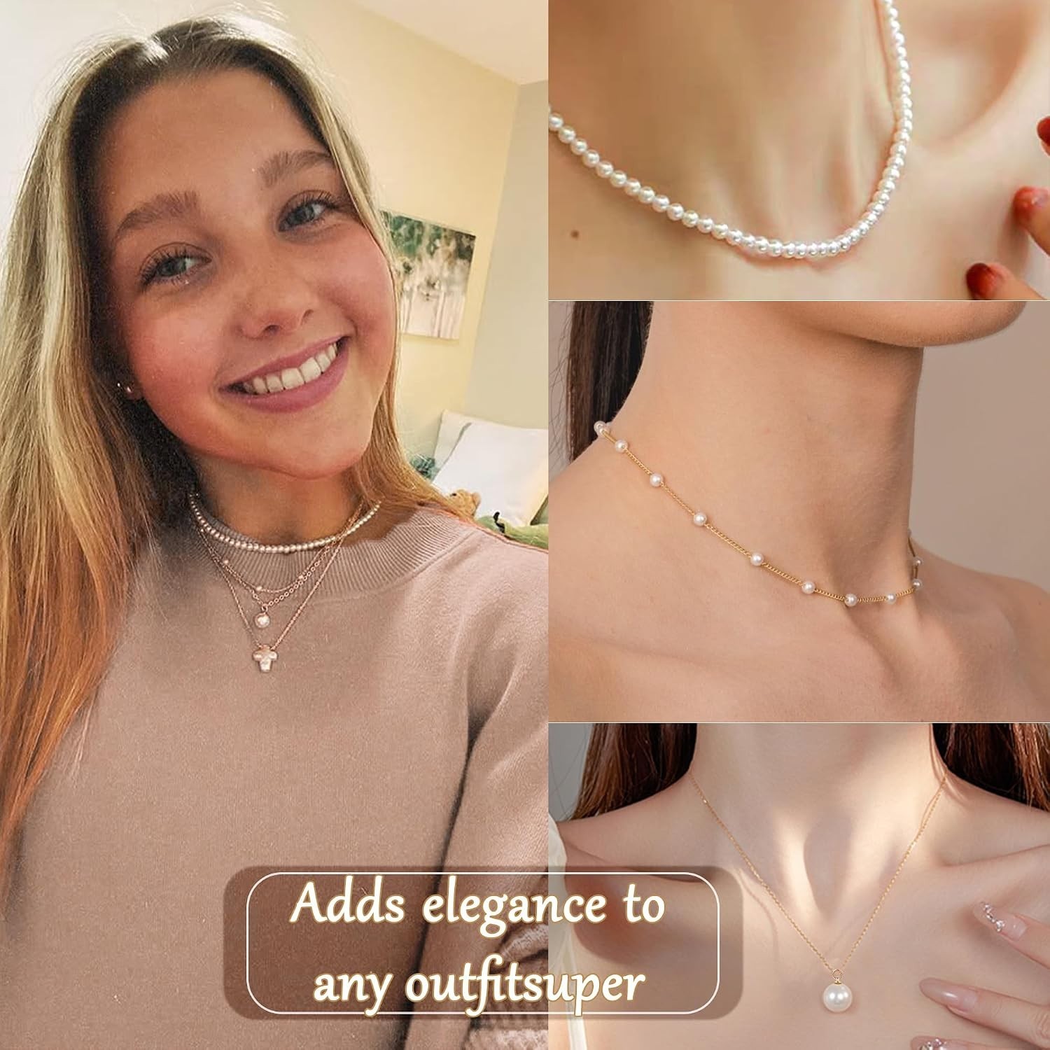 14K Gold Plated Pearl Necklace Set – Adjustable Layered Jewelry for Bridesmaids