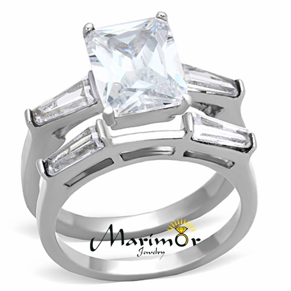 4.45 Ct Emerald Cut Zirconia Stainless Steel Engagement Wedding Ring Set Sz 5-10