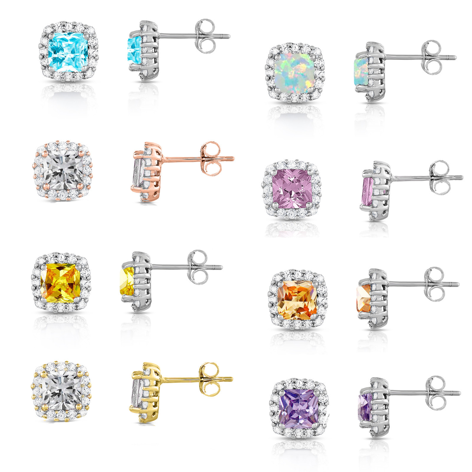 925 Sterling Silver Princess Halo Set CZ Stud Earrings Every Colored Stone