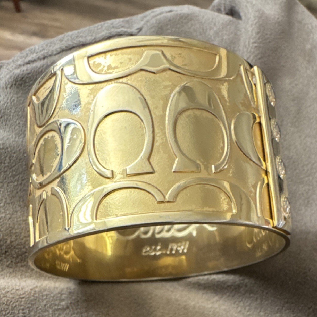 Coach Gold Tone Signature Logo Hinged Cuff Bracelet Signed, No Stone