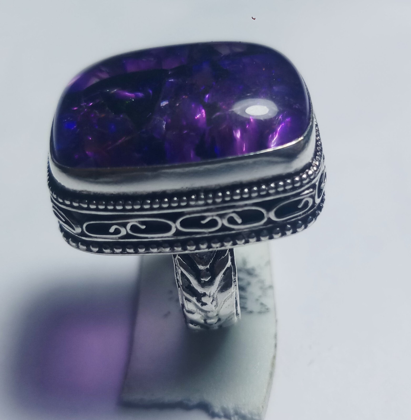 Amethyst Crack Crystal Cushion Shape Gemstone Handmade Ring Jewelry Size 6.8 In