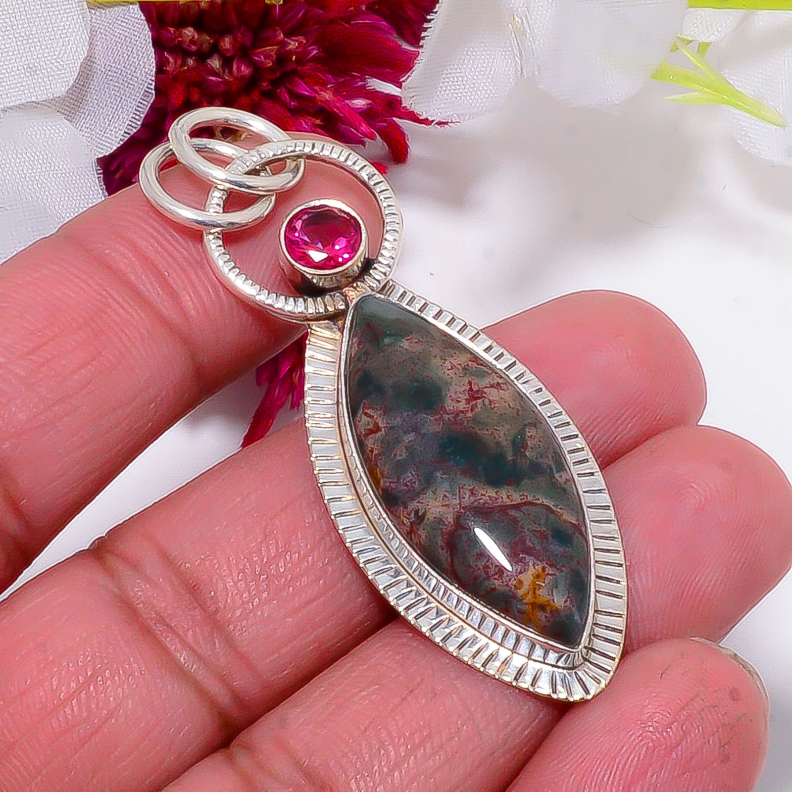 Bloodstone / Heliotrope925 Sterling Silver Pendant 2.26″, Christmas Gift P57131