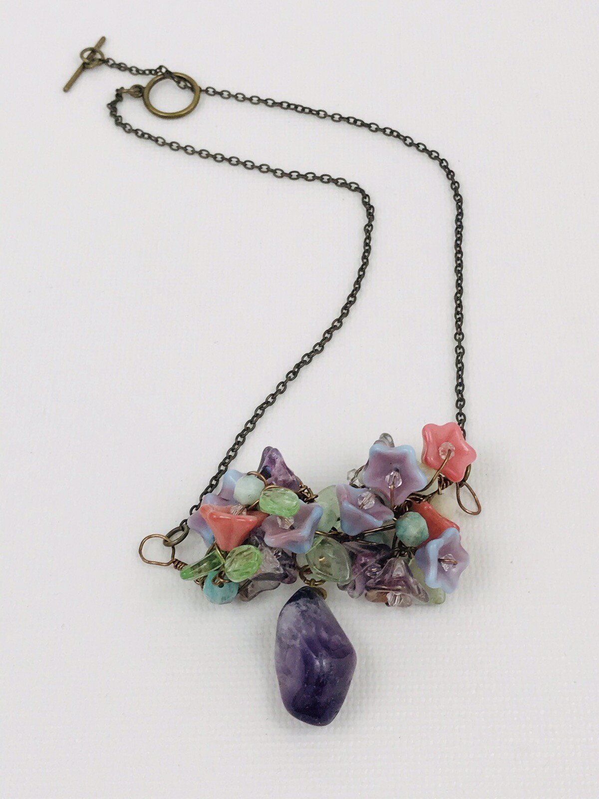 Amethyst Cluster Stone Drop Wire Wrap Necklace Glass Flower 18.5″