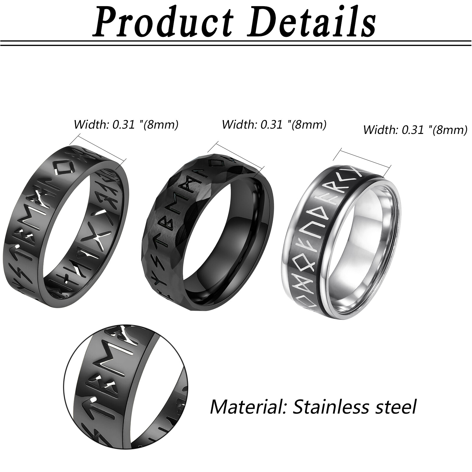 3PCS Mens Norse Viking Runes Stainless Steel Ring 8MM Spinner Anxiety Band #6-12