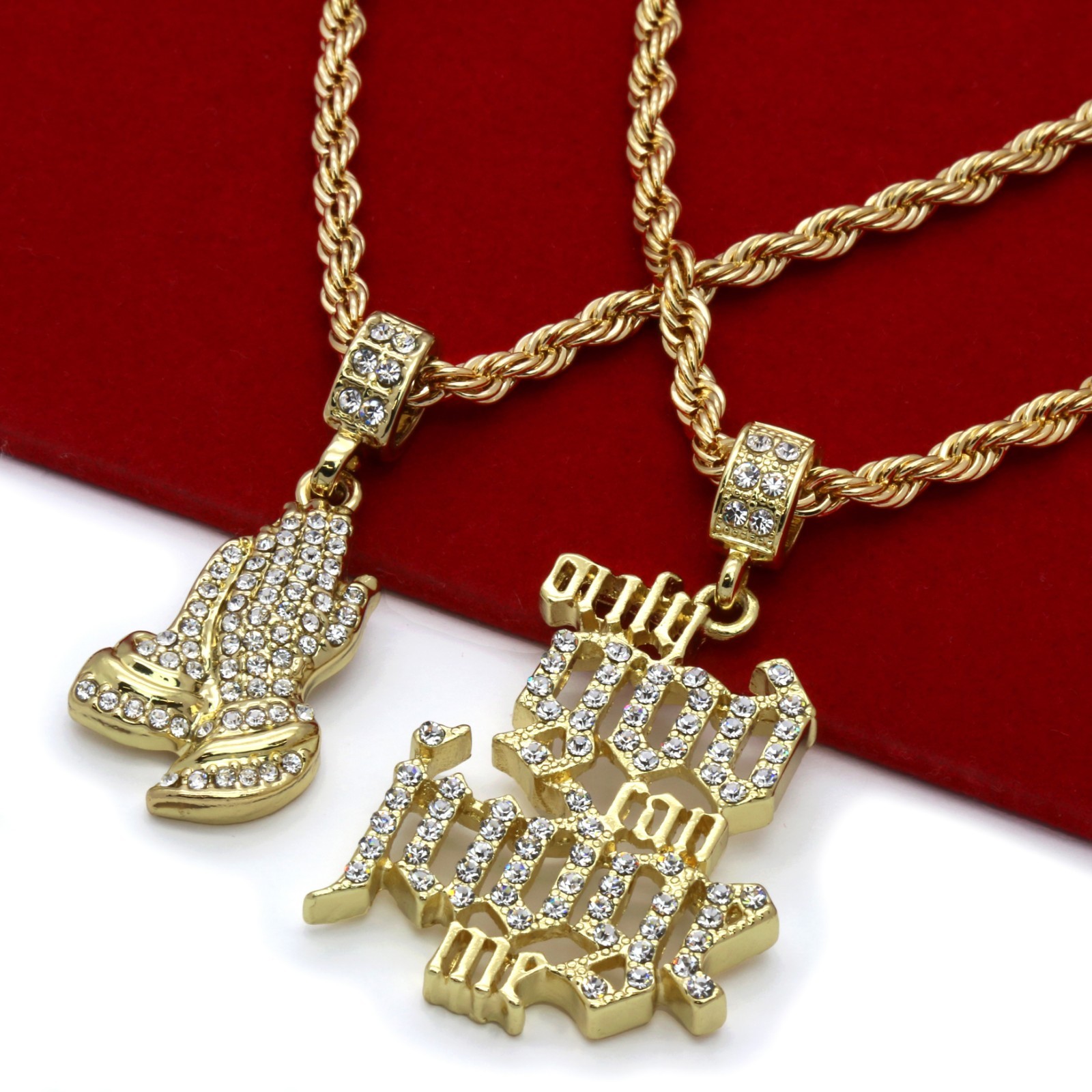 Gold Plated O.G.C.J.M. & Prayer Hand Pendant Cubic-Zirconia 24 & 30 Rope Chain