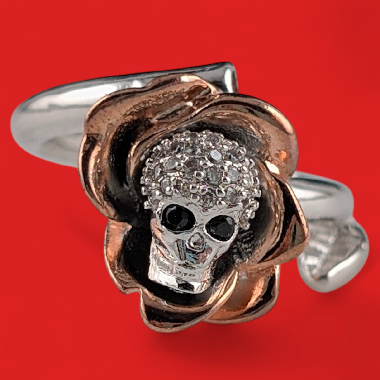 SKULL ROSE RING silver & rose gold plated glass crystal gothic death flower H5