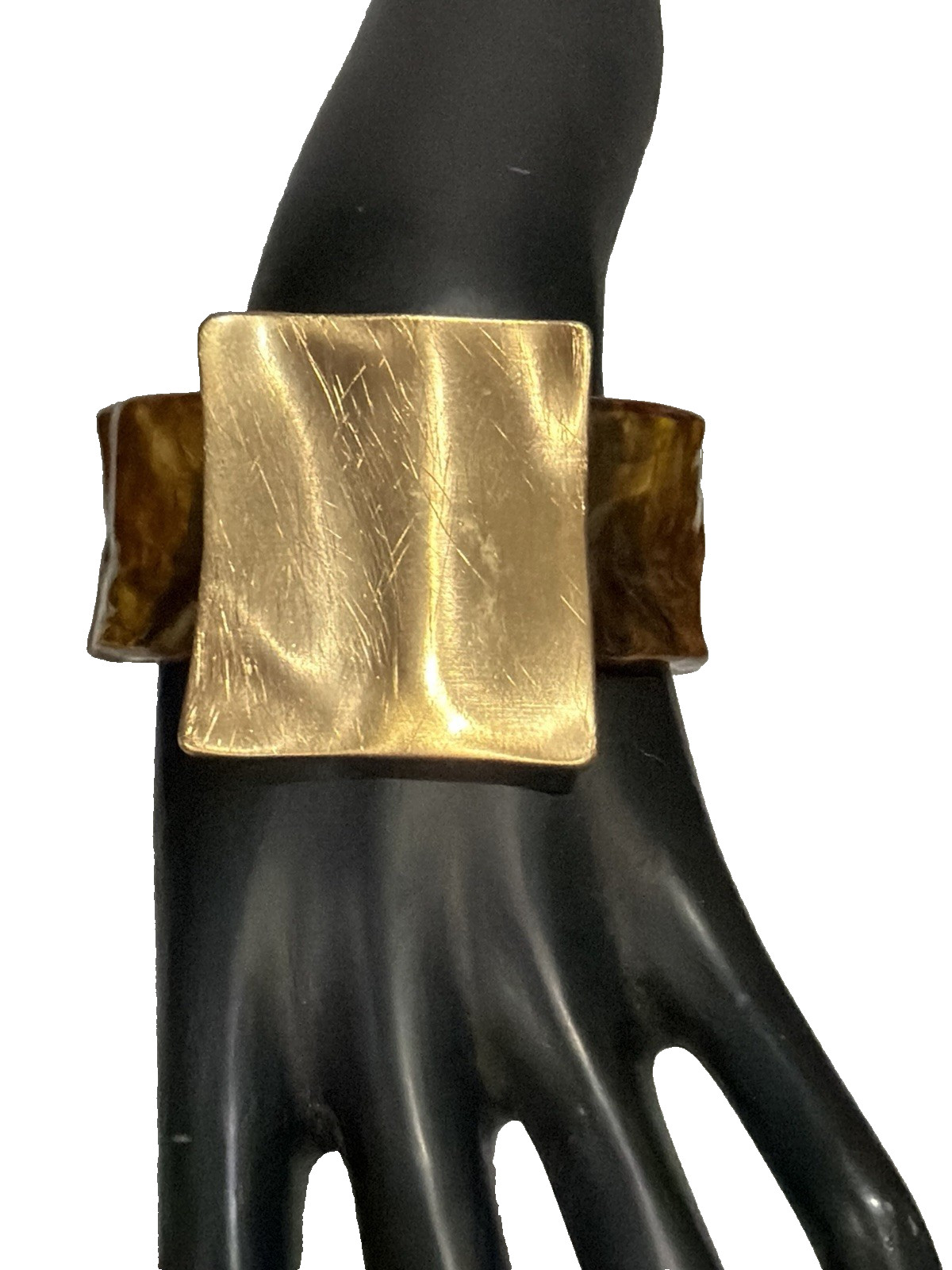 Chunky Brown Swirl Acrylic Brushed Gold Tone Metal Cuff Bracelet Statement