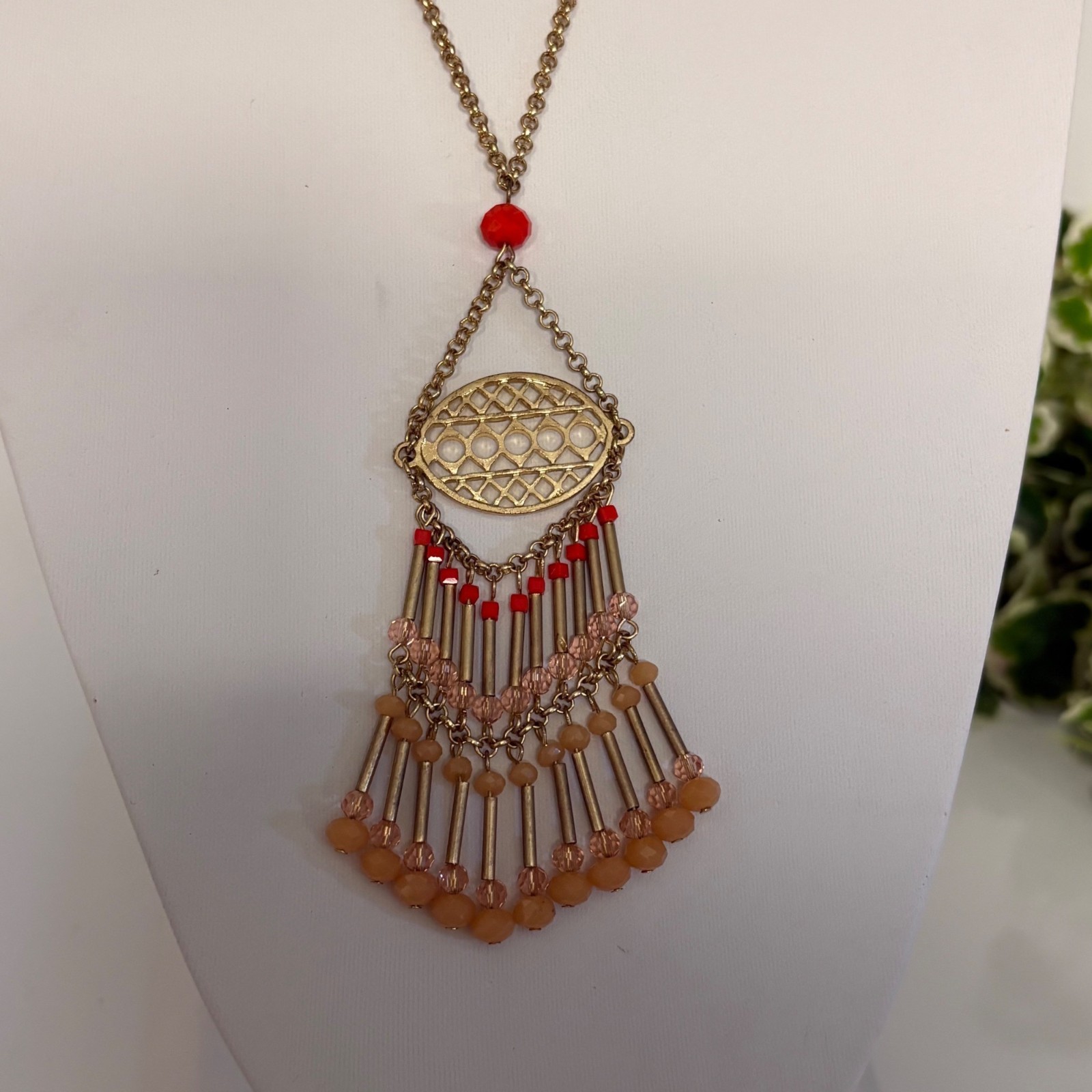 LOFT Gold Tone Beaded Fringe Statement Necklace Long 27 inch Boho Chic