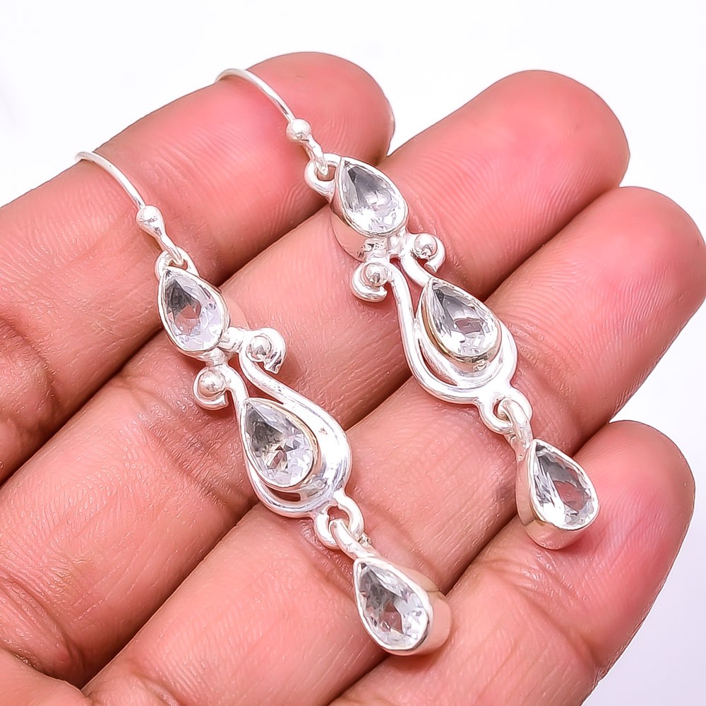 White Topaz Multi Collet 925 Sterling Silver Earring 2.11″ E29, Christmas Gift