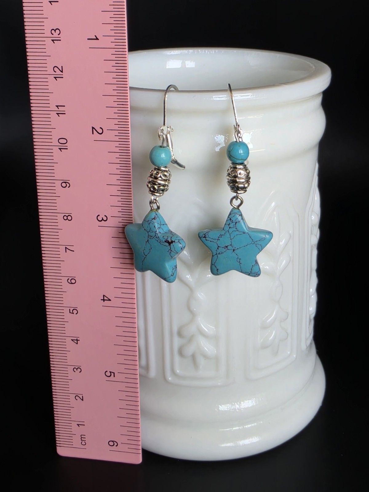 Silver Tone Howlite Turquoise Blue Star Earrings Handcrafted