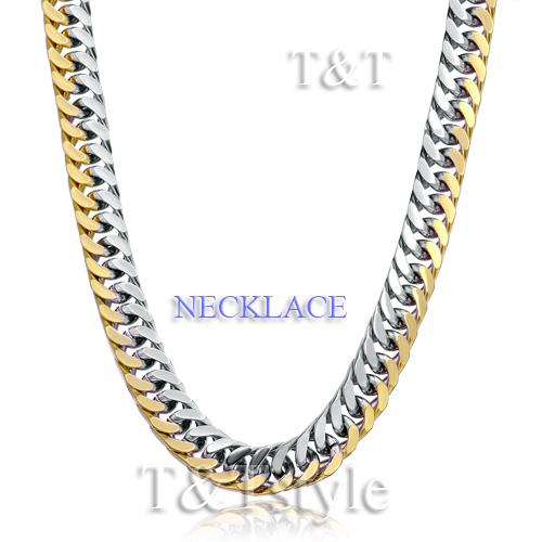 T&T 8mm 316L Stainless Steel Two Tone Curb Chain Necklace with Bracelet SET
