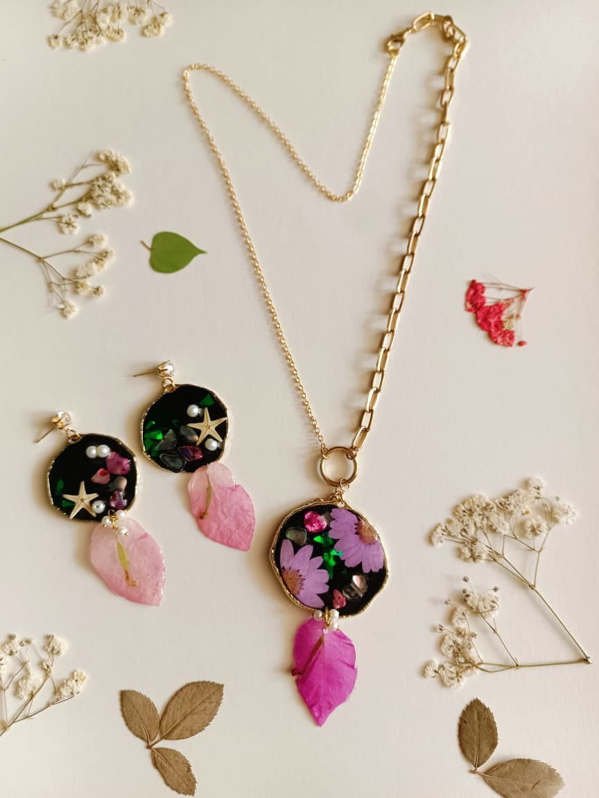 Real Starfish Bougainvillea Leaf Necklace Earrings Set Resin Pearl Flower Gift