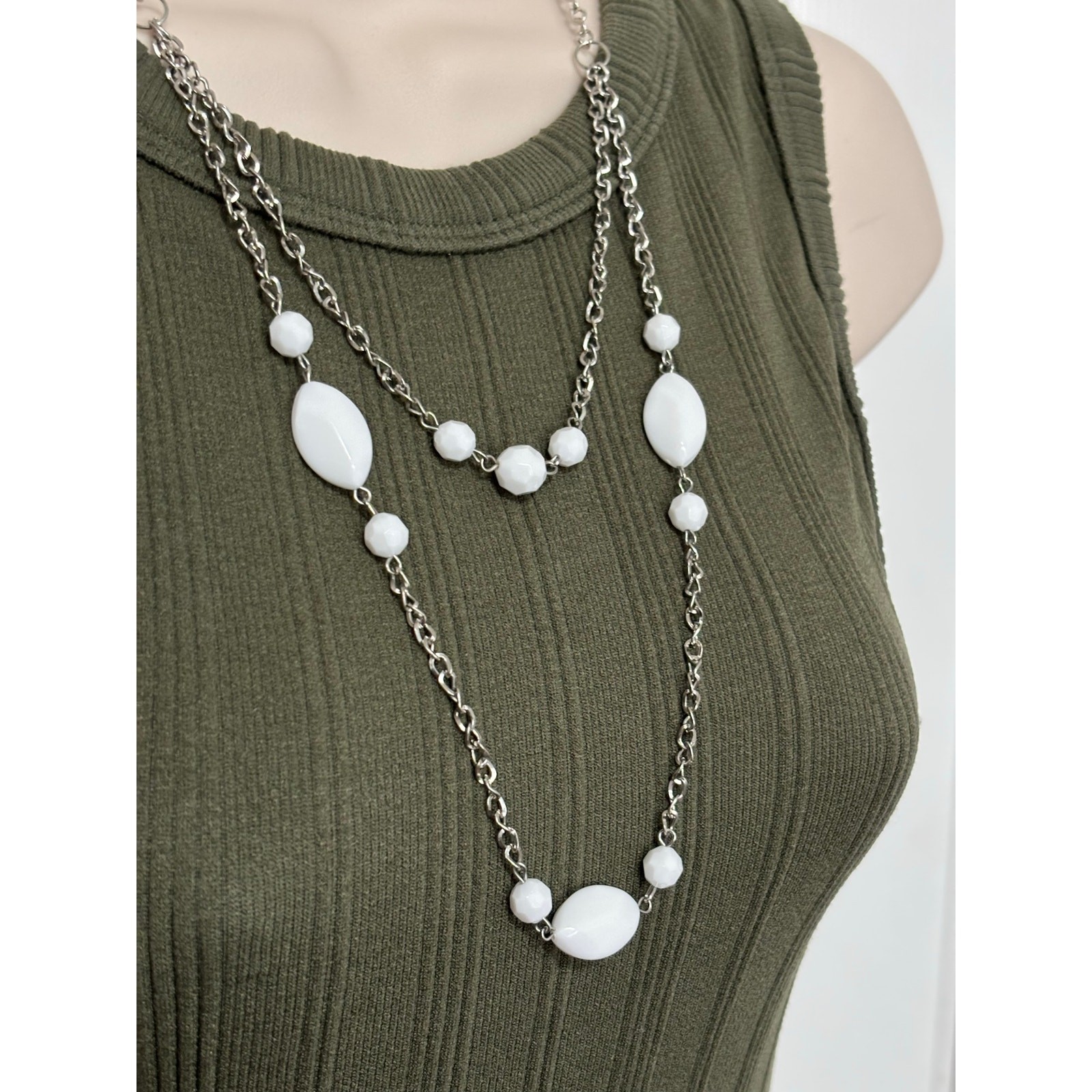 Women’s Silver Tone Chain White Beaded Layered Necklace Timeless Classic BOHO