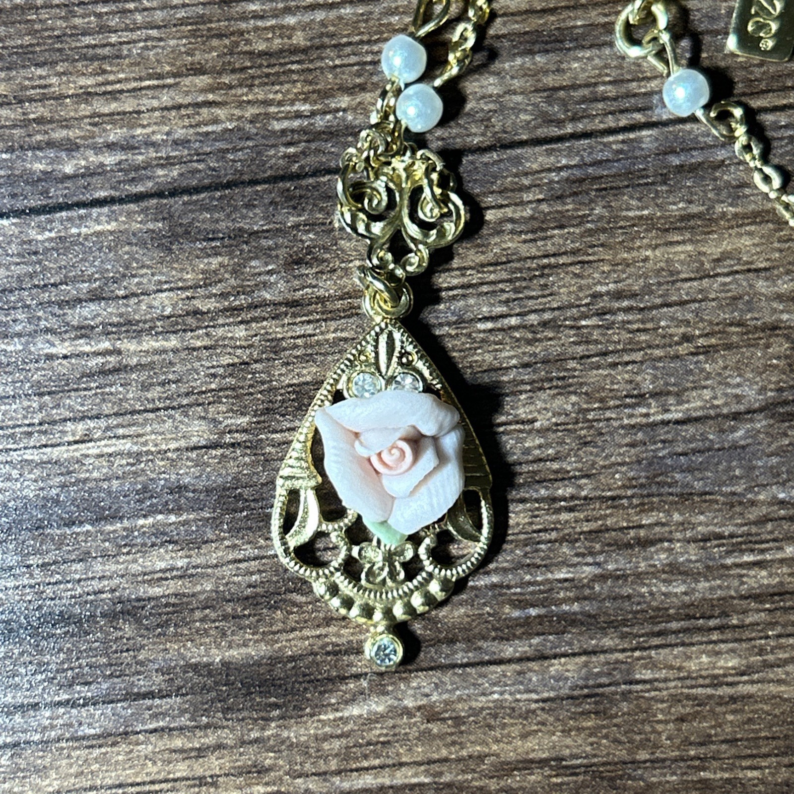 1928 Jewelry – Gold-tone Crystal/Porcelain Rose/Simulated Pearl 17in Necklace