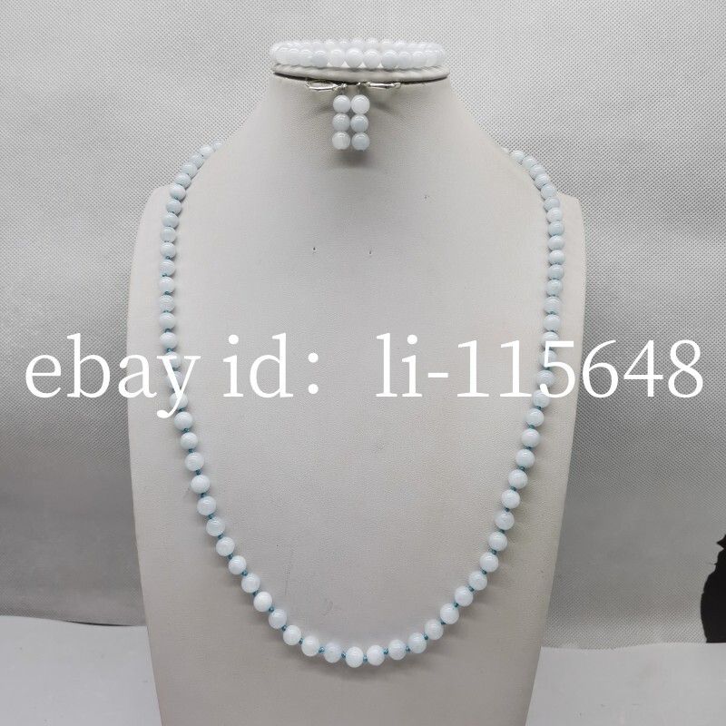 Beautiful 6mm Light Blue Aquamarine Bead Necklace Bracelet Earrings 24/7.5 ” Set