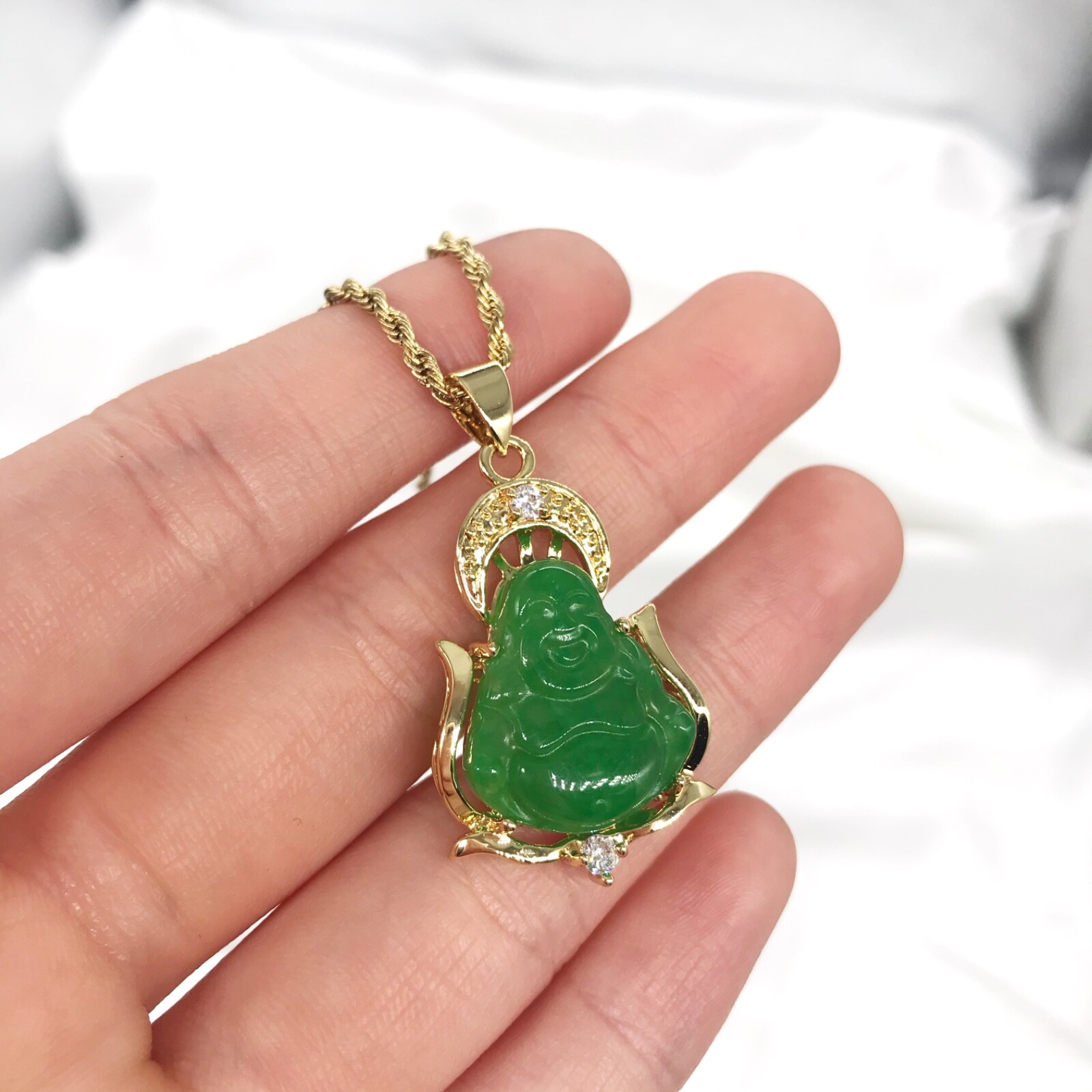 Good Fortune Wisdom Gold plated Jade laughing Buddha Pendant Necklace, Stainless