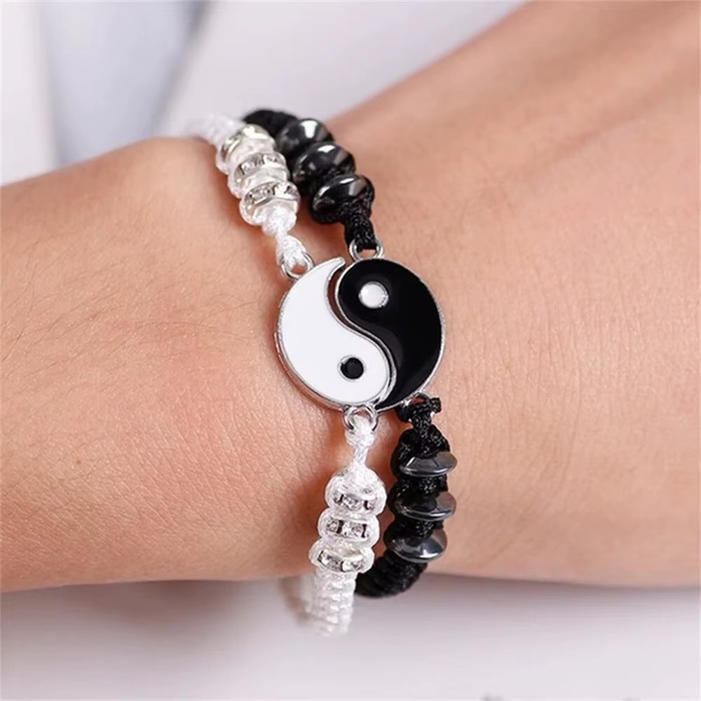 2 PC Jewelry Set Couple Black White Tai Chi Bracelet Rope Adjustable Chain Set S