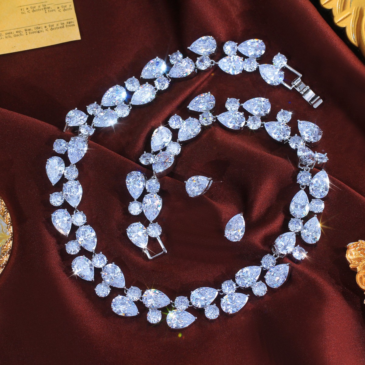 Water Drop Round Zircon Wide Necklace Earrings Silver Plated Wedding Jewelry Set