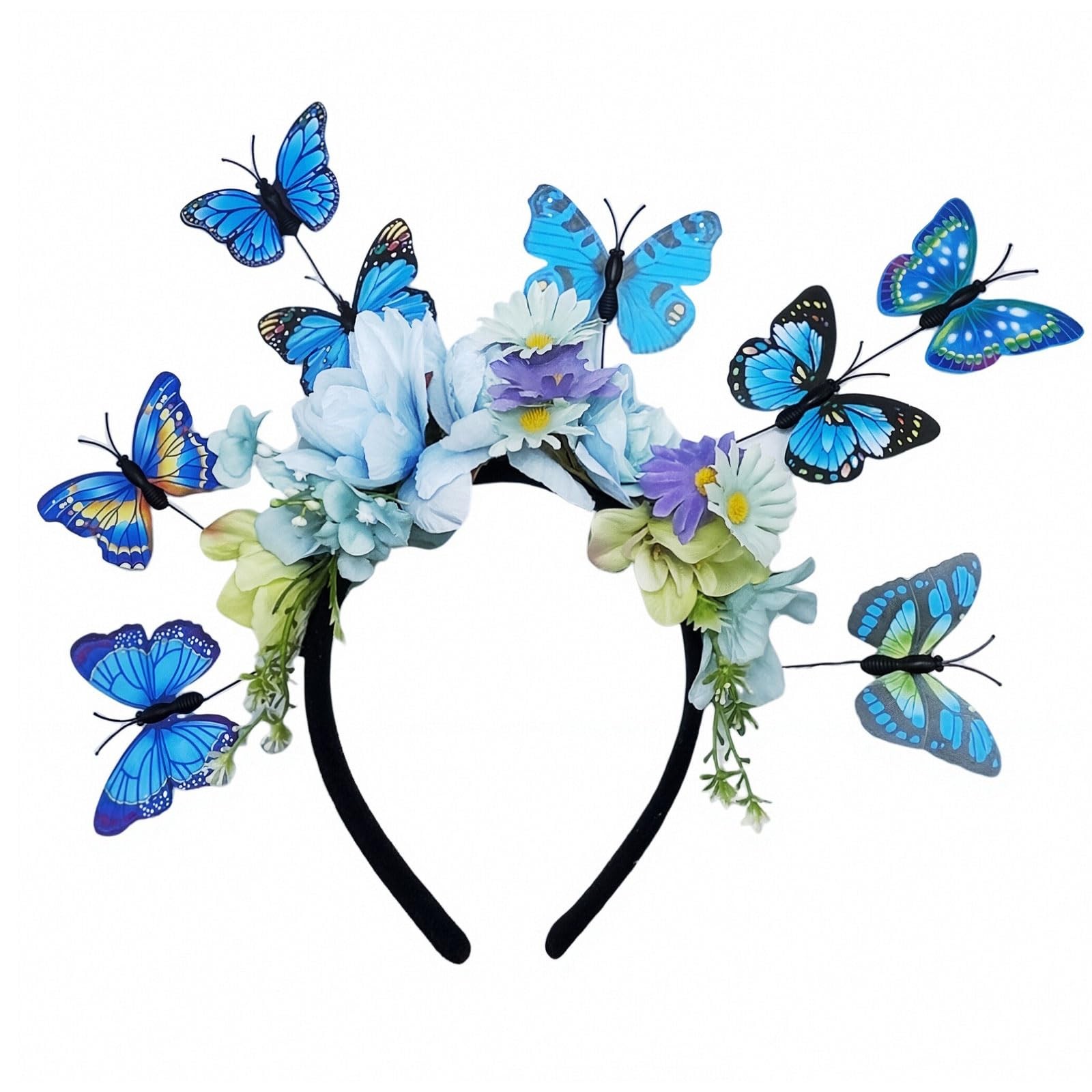 Hikiwin Butterfly Flower Crown Headband, 1 Count (Pack of 1), Blue