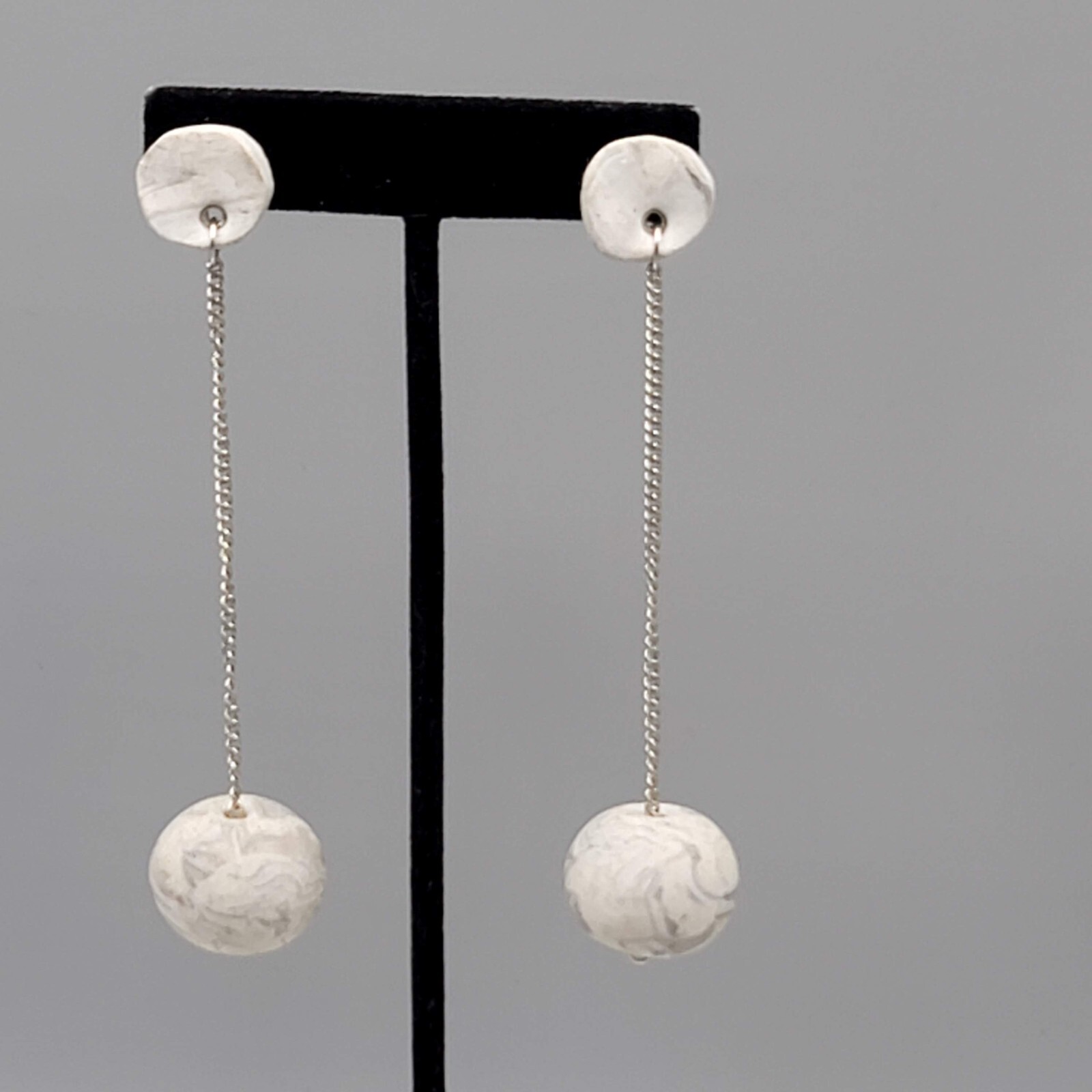 Polymer Clay Statement Pierced Earrings Silver tone Gray Dangle Long 3.75″