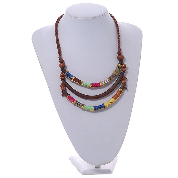 Statement Layered Wooden Bar with Leather Detailing Cotton Cord Necklace
