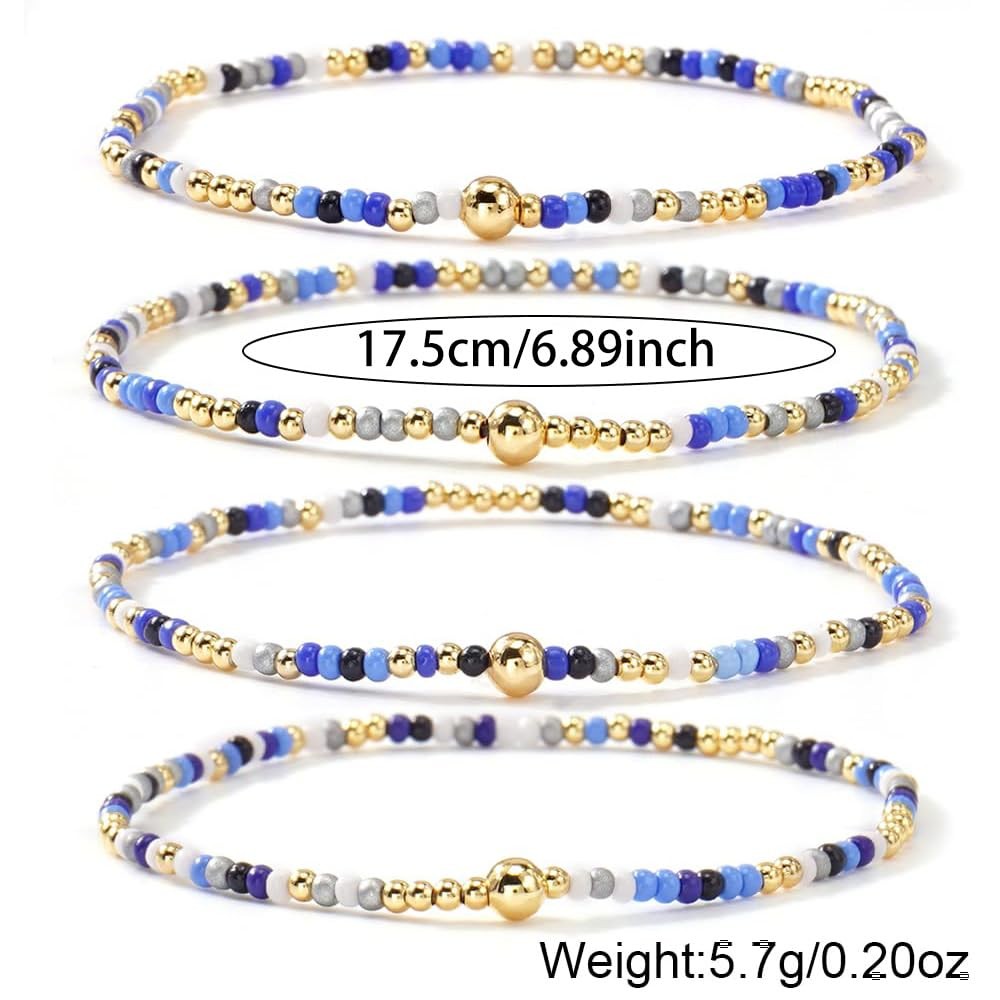 Royal Blue Seed Beaded Stack Bracelets Set for Women,Small Boho 4Pcs Colorful…