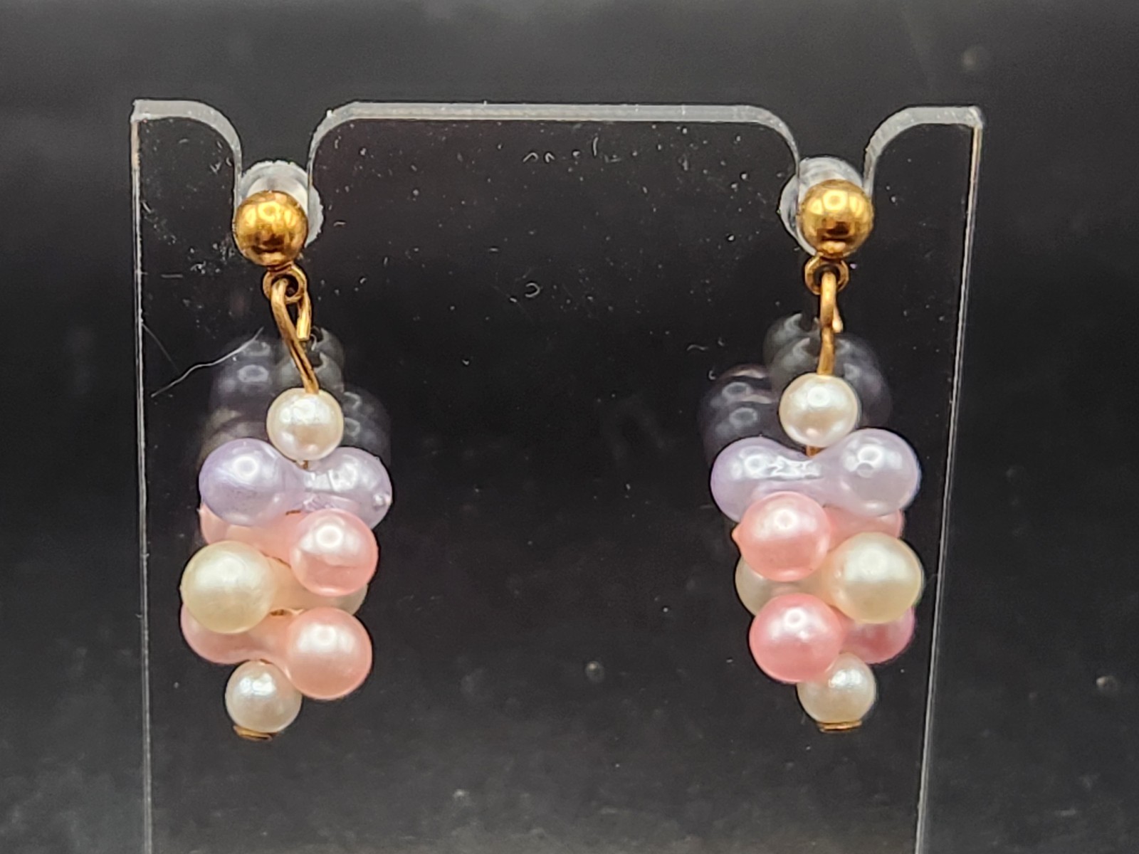 #0013 – Vintage Pastel Faux Pearl Cluster Dangle Earrings Pink Lavender White…