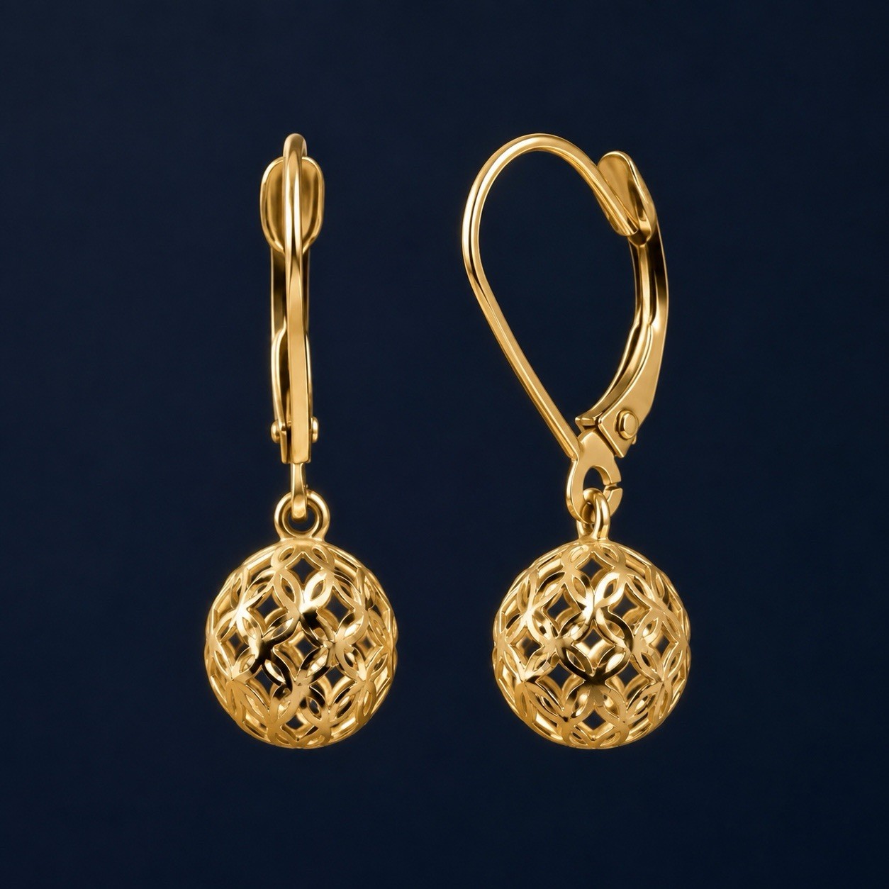 Luxury 14K Yellow Gold Filigree Ball Drop Earrings Leverback 24mm Dangle New