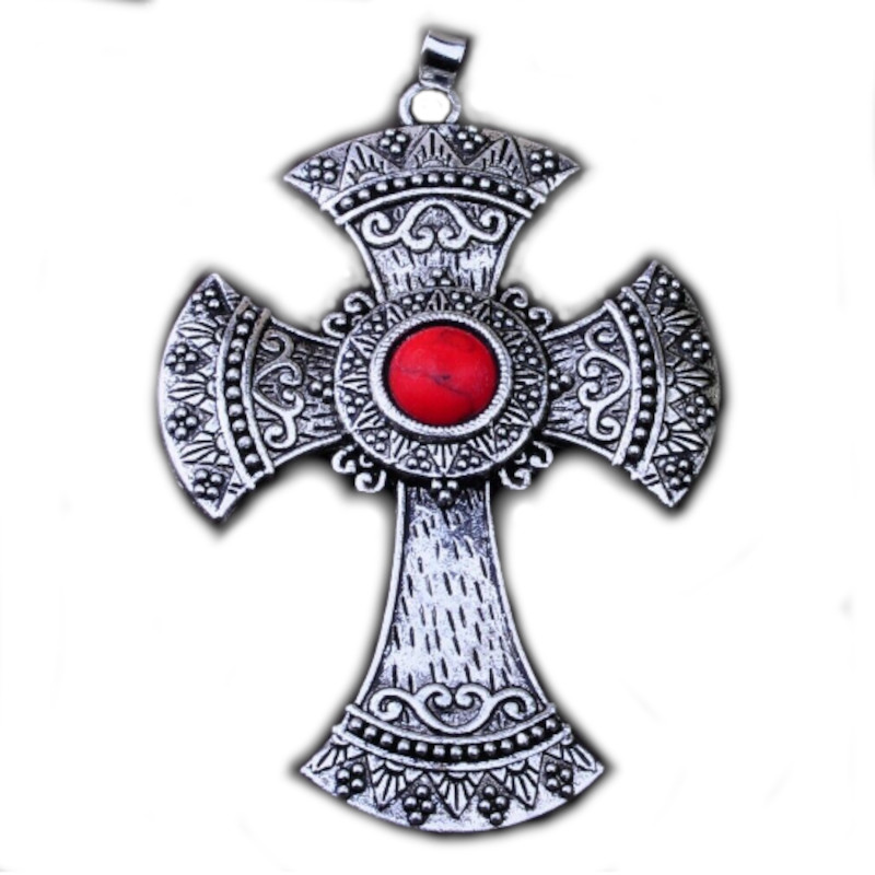 Goth Cross 3/8 ” Red Turquoise Stone Necklace 2 x 2.75 in Antiqued 18 inch chain