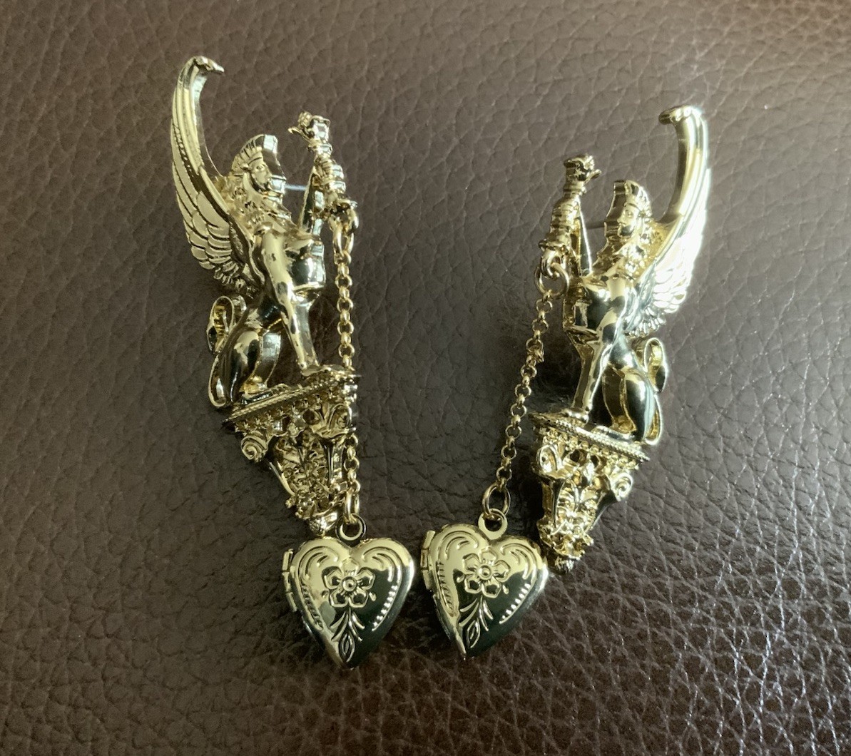 Medieval Earrings Wings Griffin Cherub Heart Antique VTG Gold Victorian Museum
