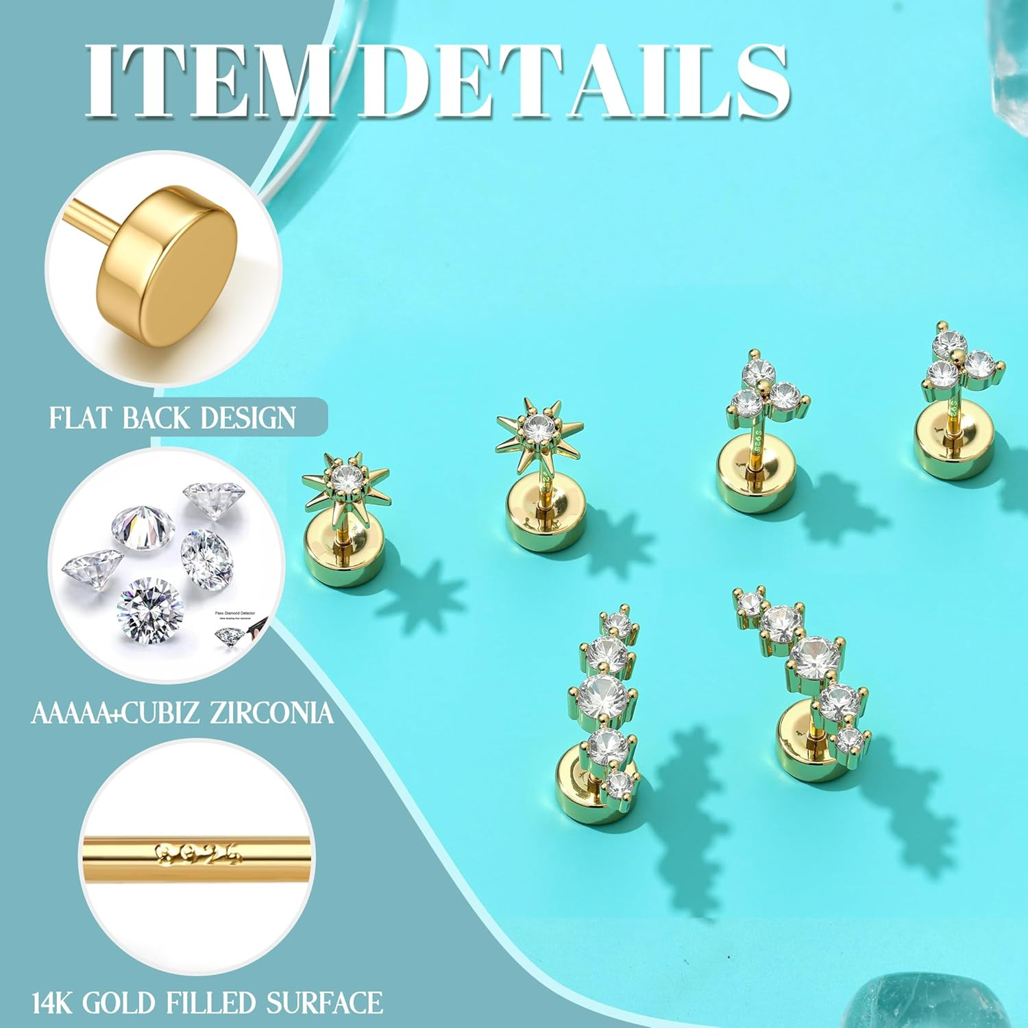 Dochais Flat Back Stud Earrings for Women and Men, Hypoallergenic 14K Gold Plate