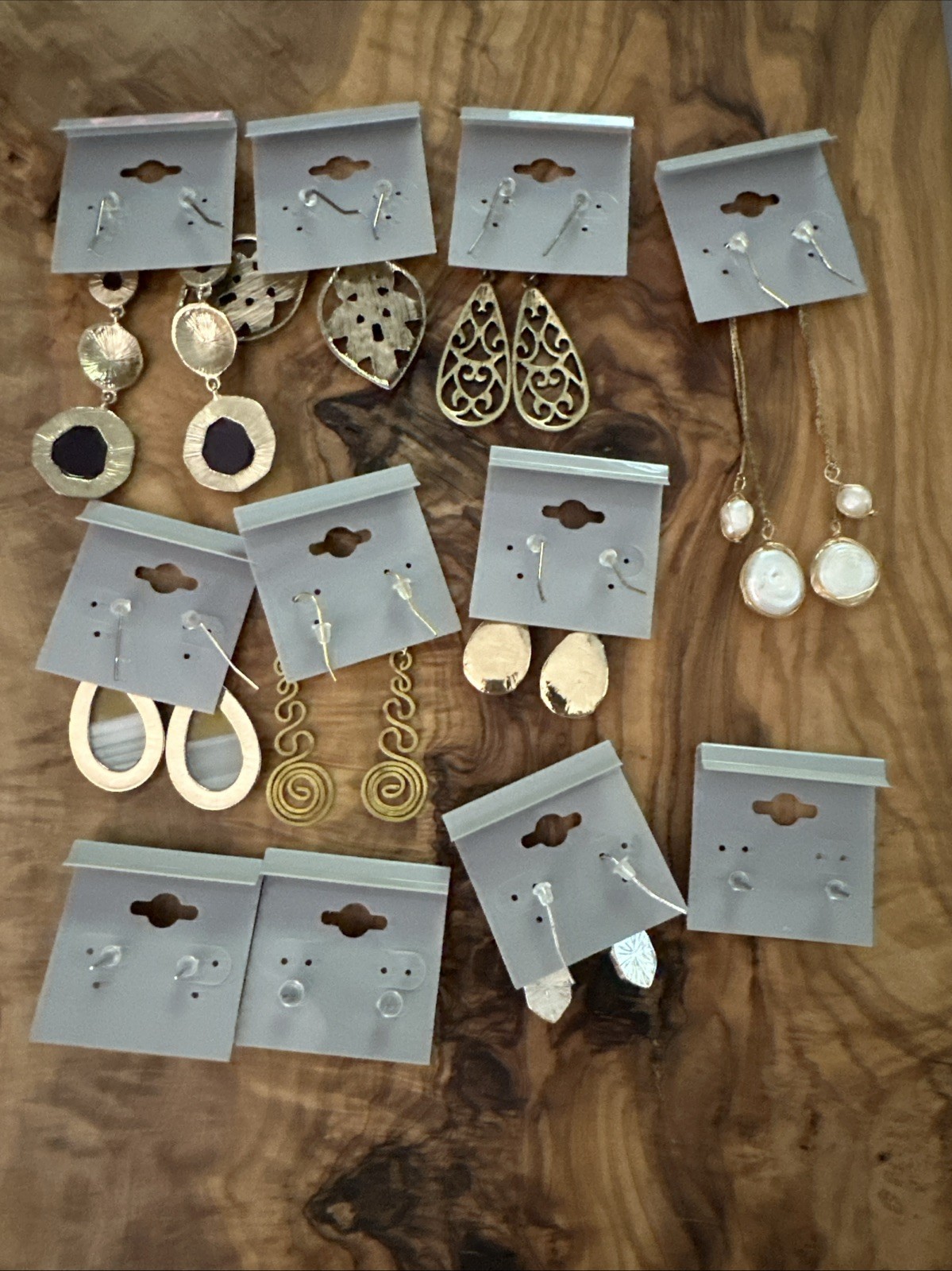 Boho Fashion Earring Lot • 11 Pairs • Brown White Gold Silver Tone • Dangle Stud