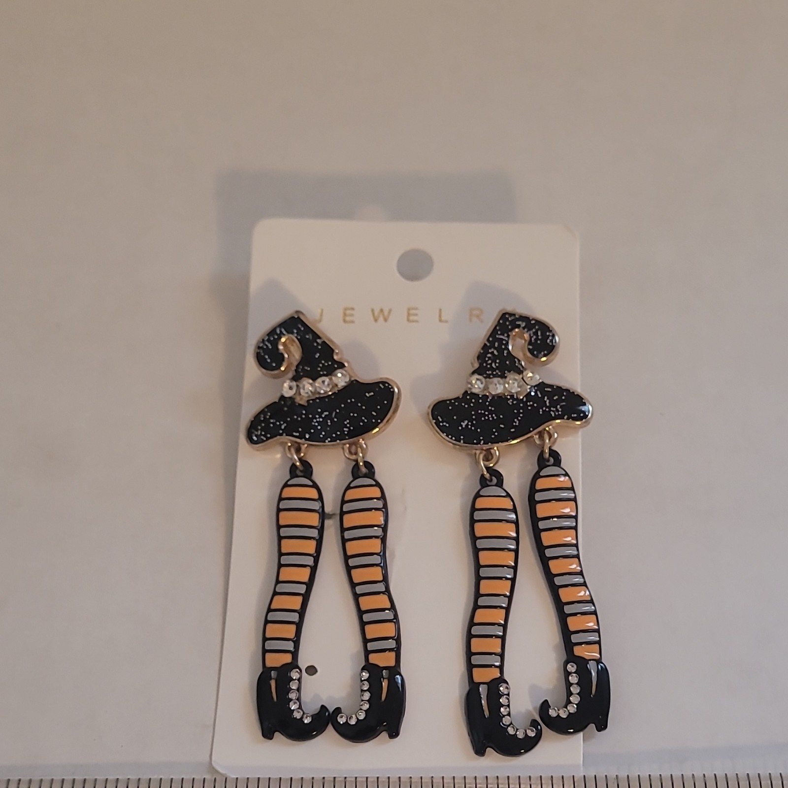 Halloween Witch Hat &Striped Legs Dangle Earrings Black Orange Rhinestone Enamel
