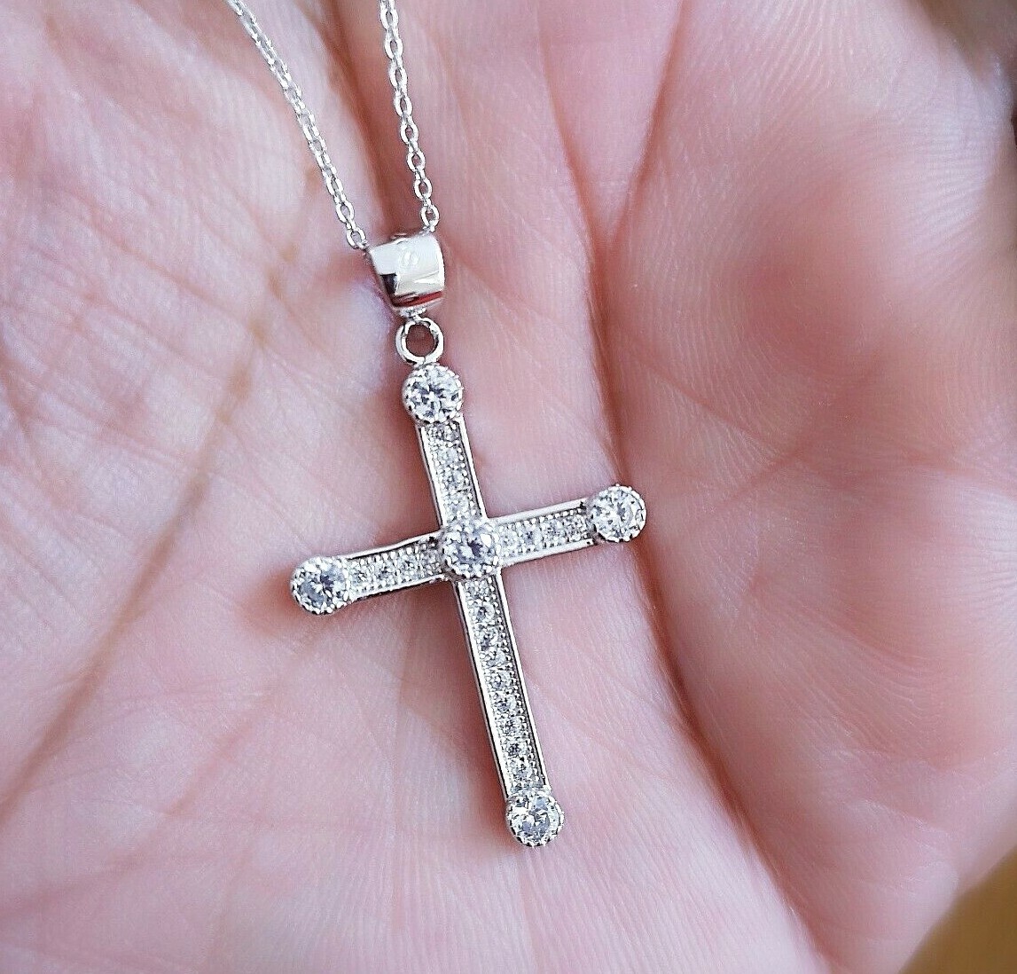 1Ct Diamond Cross Pendant Womens Mens Necklace Solid Silver 14K White Gold over