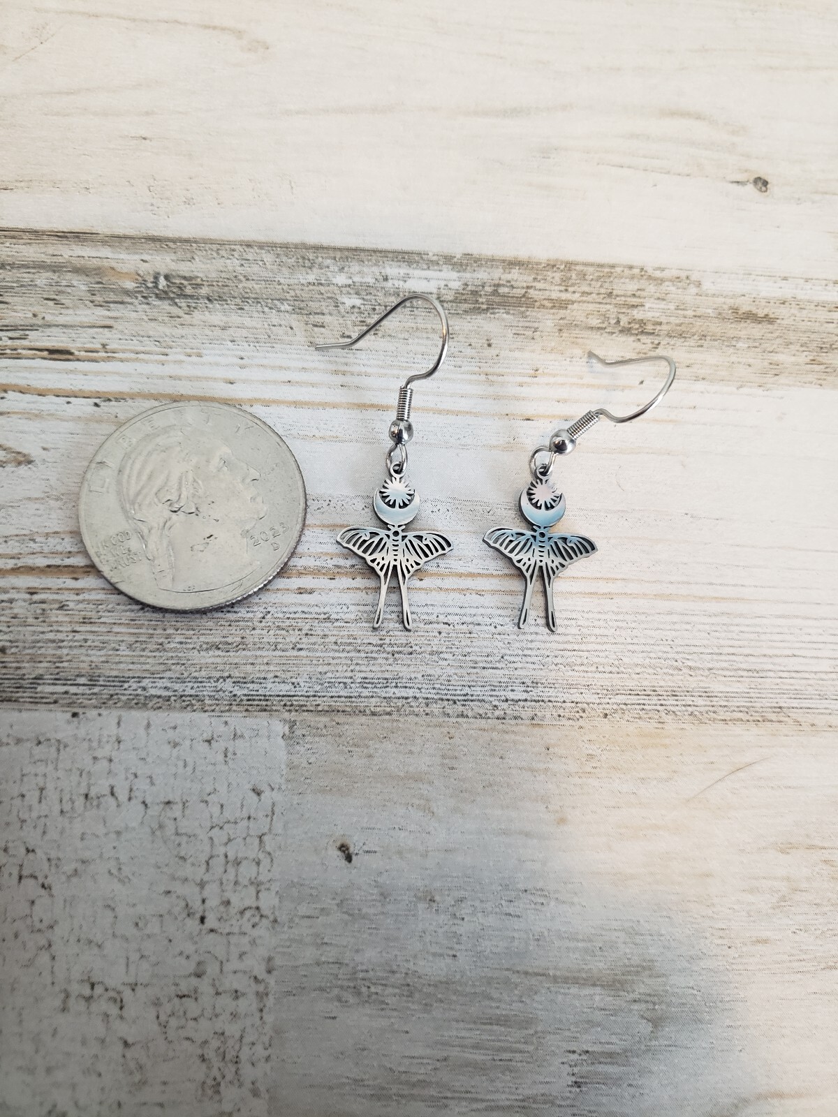 Luna moth earrings mini little lil jewelry pretty cute boho hippie crescent moon