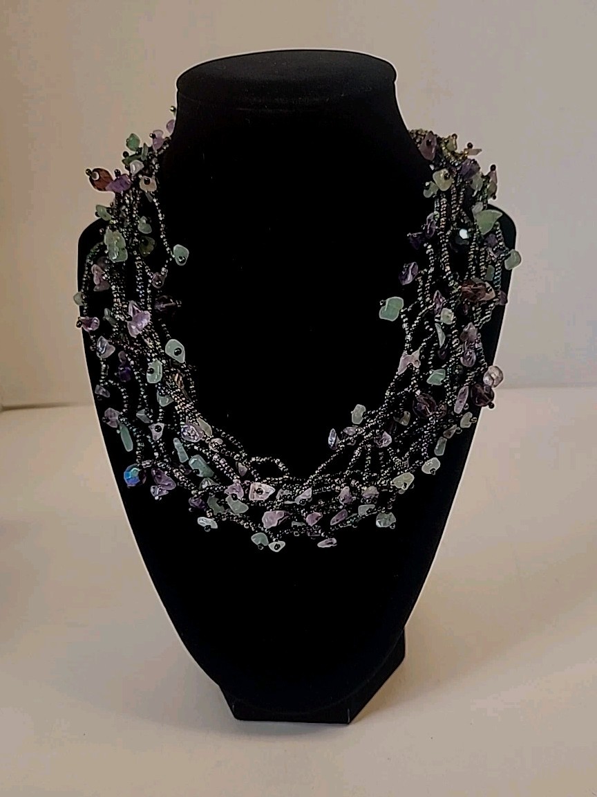 Multi-strand Semi-precious Stone Chips & Glass Seed Bead Statement Necklace 19″