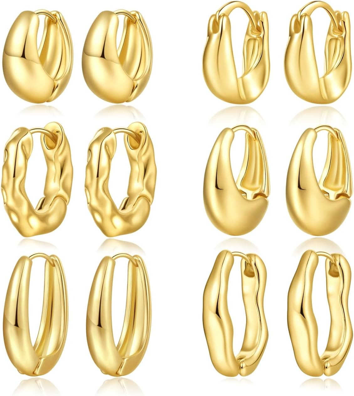 6 Pairs Gold Hoop Earrings Set for Women, 14K Gold Plated Huggie Chunky Earring