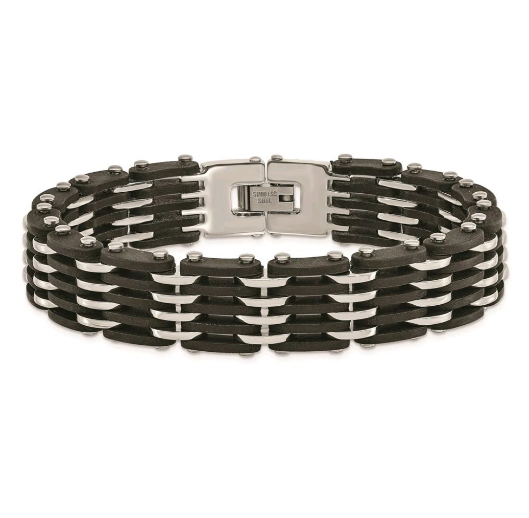 Black & Silver Stainless Steel Bar Link Chain Bracelet, Box Clasp, Signed