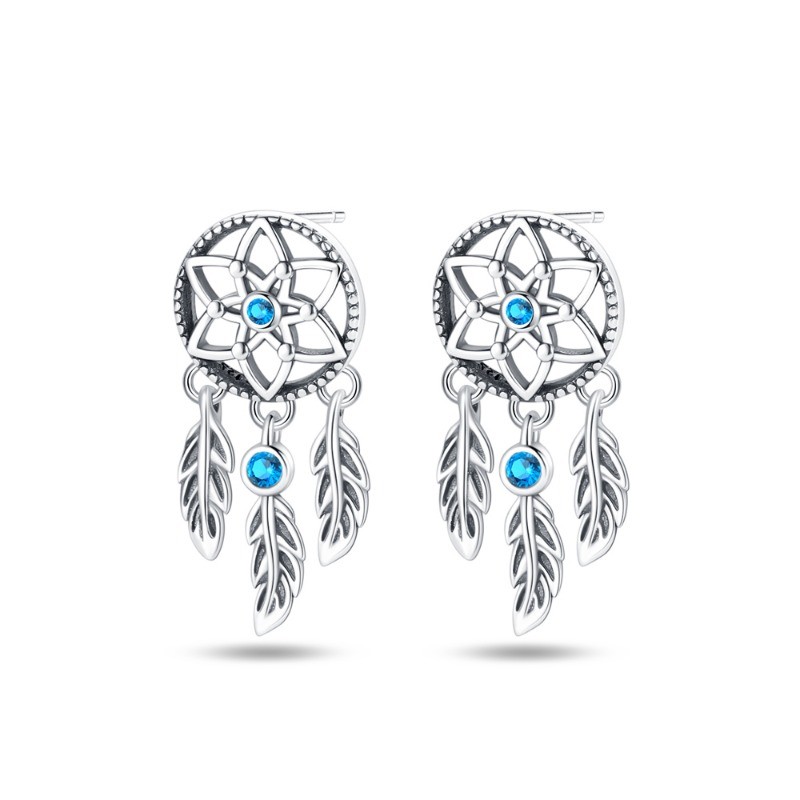 PANDACH 925 Sterling Silver Dream Catcher wIth Feathers Stud Earrings For Womens
