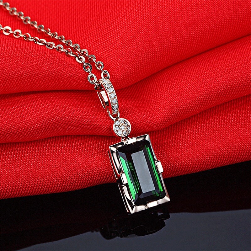 18K Rose Gold Plated Green Cubic Zirconia Rectangular with Crystal Necklace