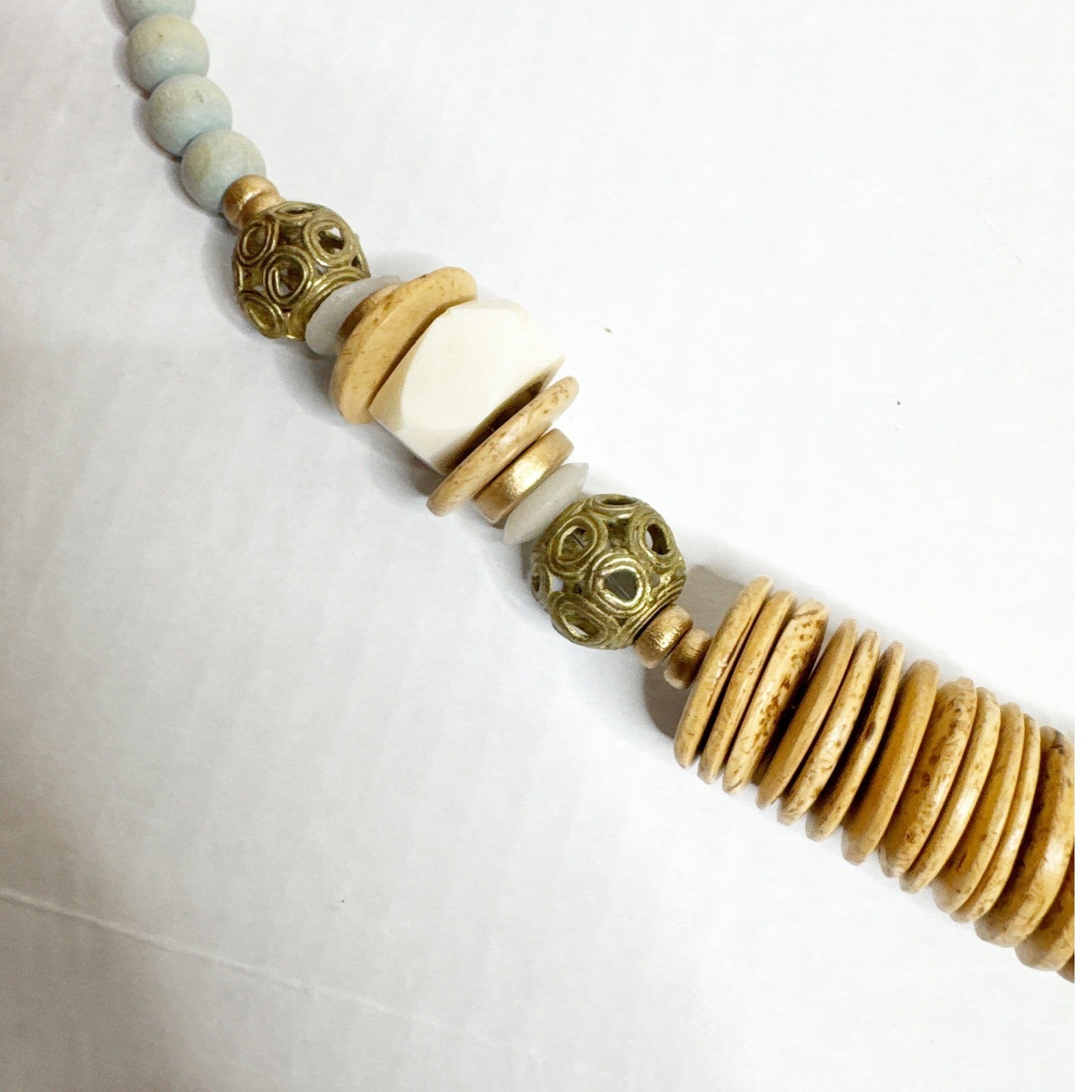 Boho Wood Bead Statement Necklace Light Blue Natural Tan Filigree Toggle 27 Inch