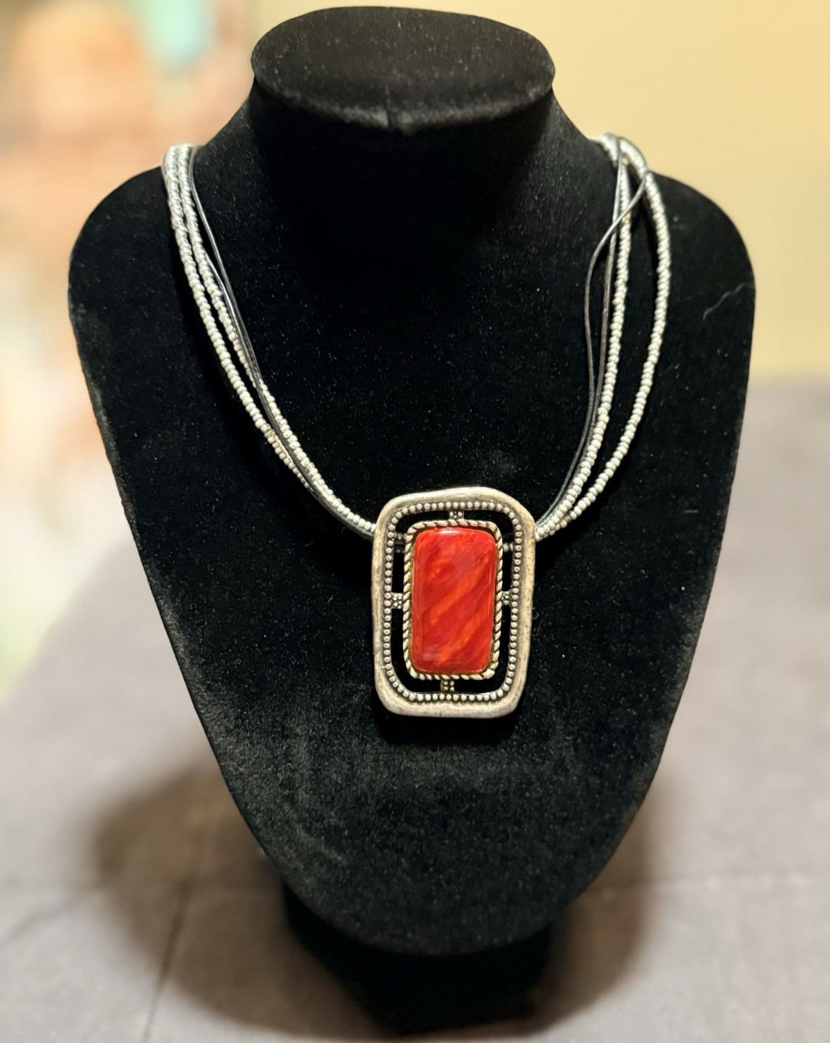 Silver Tone Metal Cord Chain Necklace w/ Red Rectangle Bezel Pendant Charm