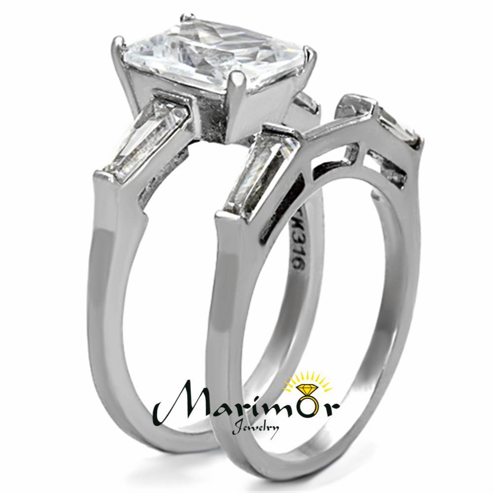 4.45 Ct Emerald Cut Zirconia Stainless Steel Engagement Wedding Ring Set Sz 5-10