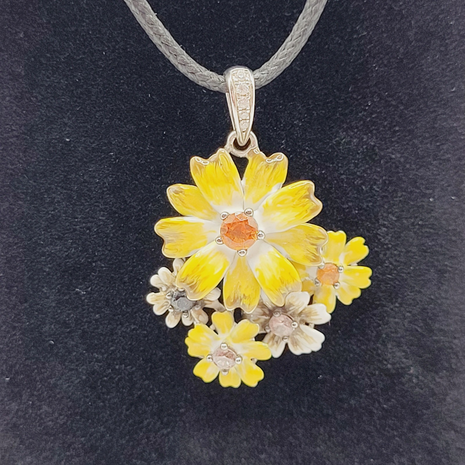 Yellow Flower Floral Bouquet Cluster 925 Pendant Black Cord Necklace 19 Inch