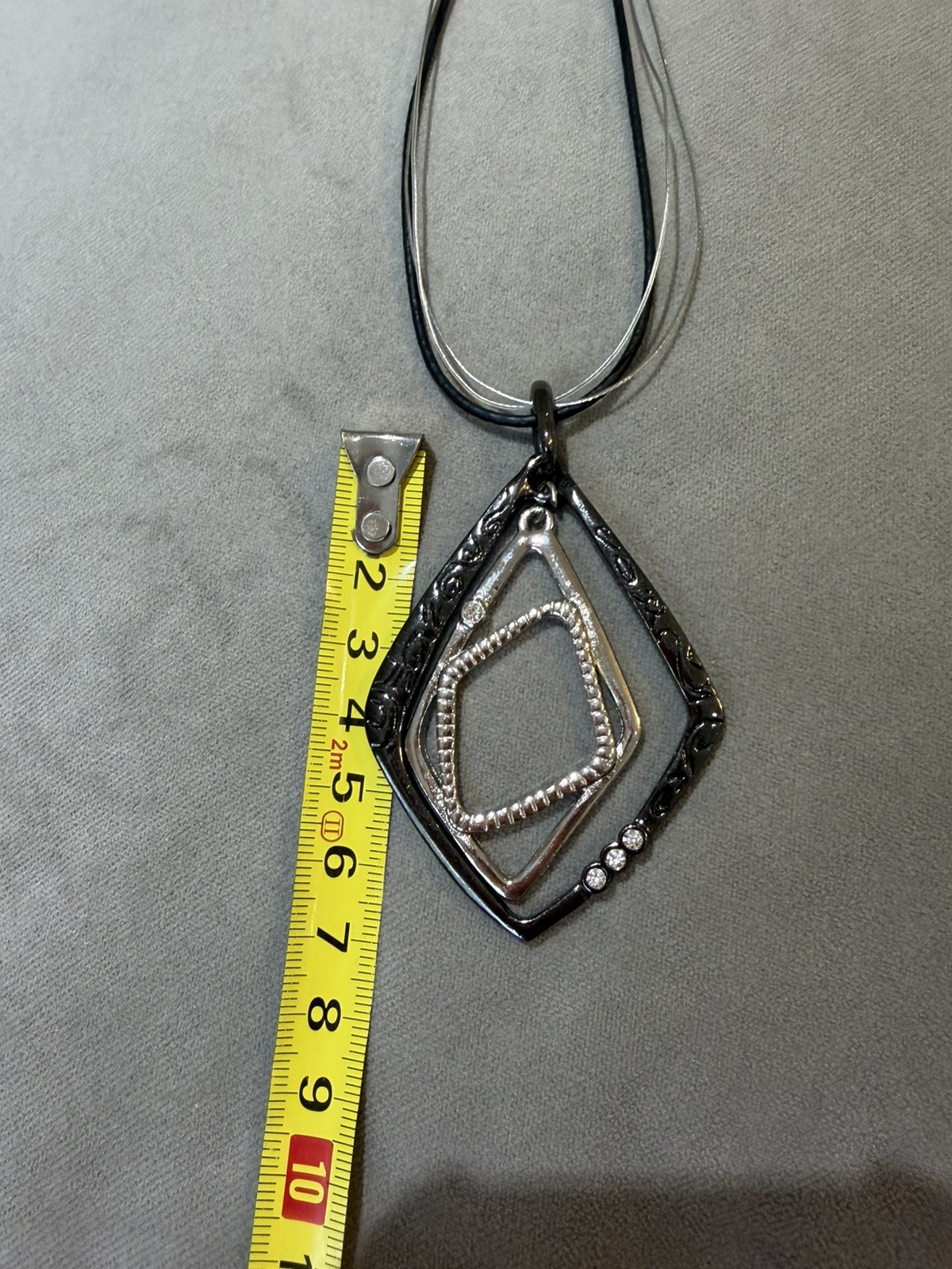 Chico’s Two-Tone Geometric Diamond Pendant Multi-Strand Cord Necklace Rhinestone