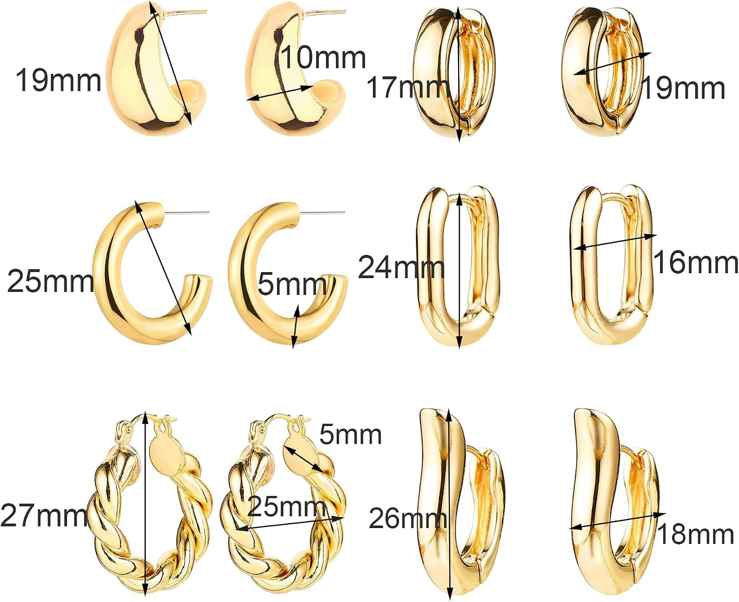 6 Pairs Gold Hoop Earrings for Women, 14K Gold Plated Huggie Hoop Earrings Set H