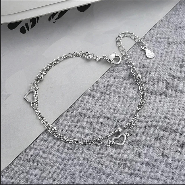 925 Sterling Silver Double Chain Heart Charm Bracelet, Adjustable 6-8″